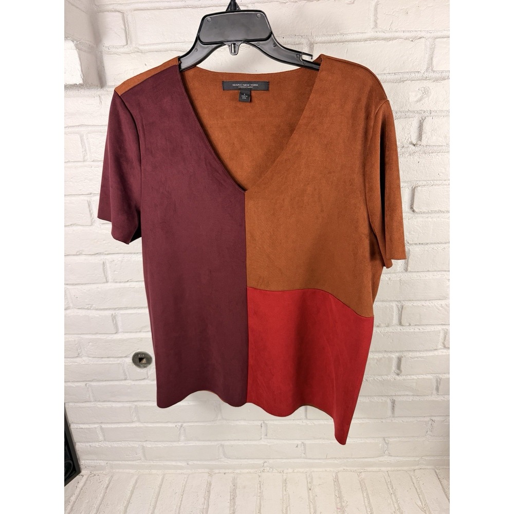 Faux Suede Marc New York Andrew Marc L Colorblock V Neck Top Burgundy Rust